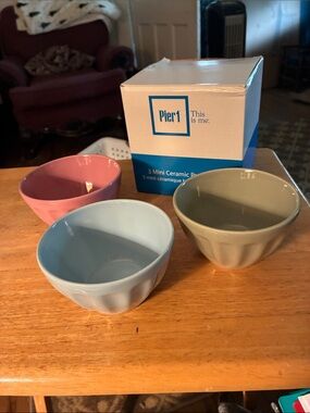 Pier 1 Ceramic Prep Bowls Trio - Pink, Light Blue, Grey-green